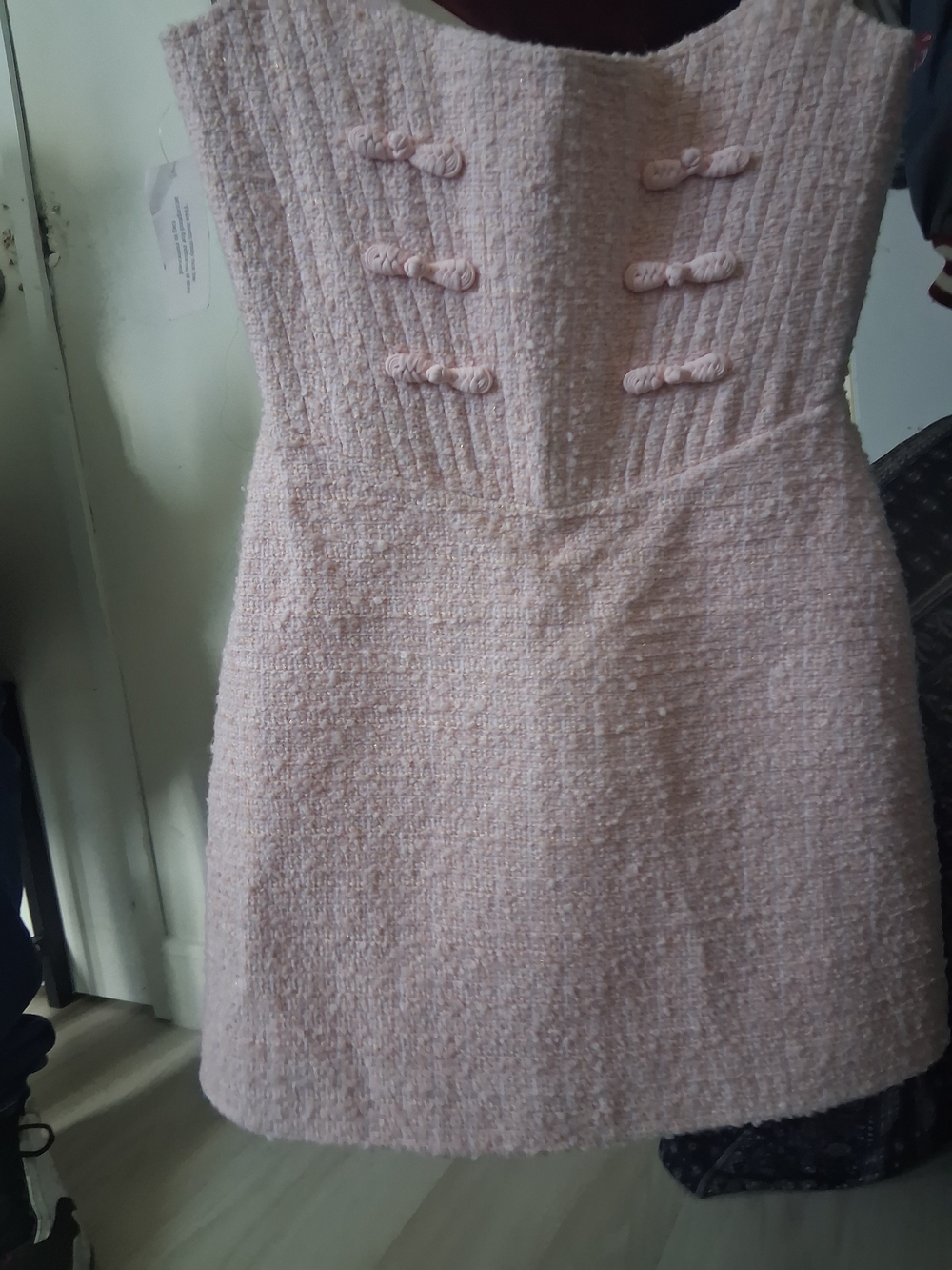 Sleeveless Pink Bouclé Mini Dress with Decorative Front Knots